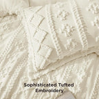 Bedsure Tufted Boho Comforter Set Queen Size - Ivory Boho Bed Set, GentleSoft™ 3 Pieces Farmhouse Shabby Chic Embroidery Bedding, Gifts for Woman, Soft Jacquard Queen Comforter for All Seasons