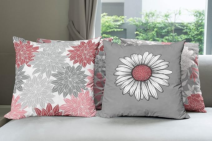 Ambesonne Floral Throw Pillow Cushion Case Pack of 4, Flower Petals Modern Color Palette Chamomile Peony Dahlia and Sunflower Print, Modern Accent Double-Sided Digital Printing, 16", Dark Coral Grey