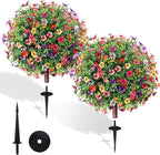 27.5" Artificial Boxwood Topiary Ball Trees with Colorful Flowers, Set of 2 Fake Shrubs Bushes with Ground Spike, UV Resistant Faux Evergreen Plants for Outdoor Planters Front Porch Garden Decor