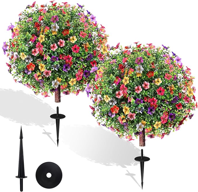 27.5" Artificial Boxwood Topiary Ball Trees with Colorful Flowers, Set of 2 Fake Shrubs Bushes with Ground Spike, UV Resistant Faux Evergreen Plants for Outdoor Planters Front Porch Garden Decor