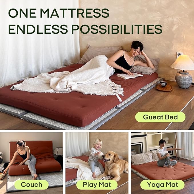 ZonLi Japanese Floor Futon Mattress Queen Size 80"x 60", 100% Cotton Cover 4'' Thicken Tatami Mattress, Foldable Sleeping Pad, Portable Dormitory Tatami Mat, Roll Up Floor Lounger Bed for Adult