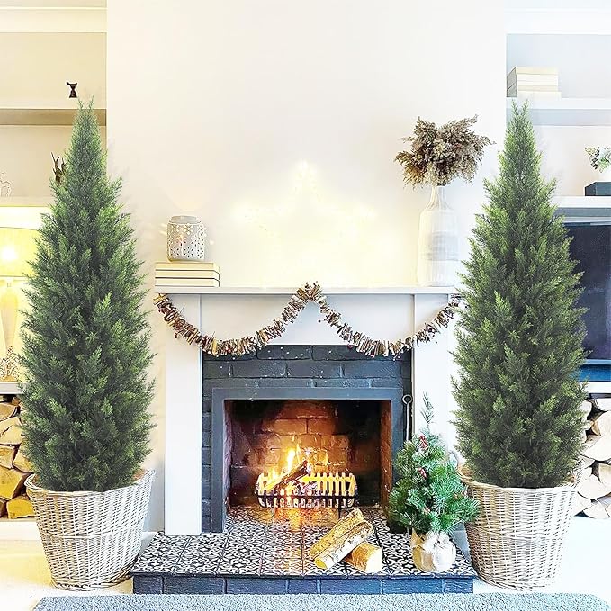 5FT Artificial Cedar Topiary Tree Lifelike Faux Cedar Pines Christmas Trees UV Rated Faux Shrubs Everygreen Plants for Front Porch Outdoor Decor Set of 2