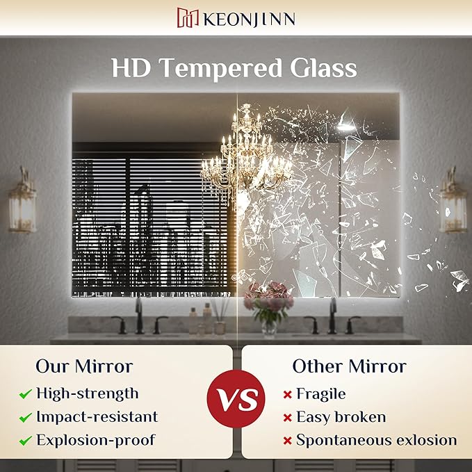 Keonjinn 42 x 36 Inch Backlit Bathroom Mirror, Anti-Fog LED Mirror with Lights, CRI90+ HD Tempered Glass, Stepless Dimmable, High Lumen, UL Listed LED Driver, Waterproof, Horizontal/Vertical