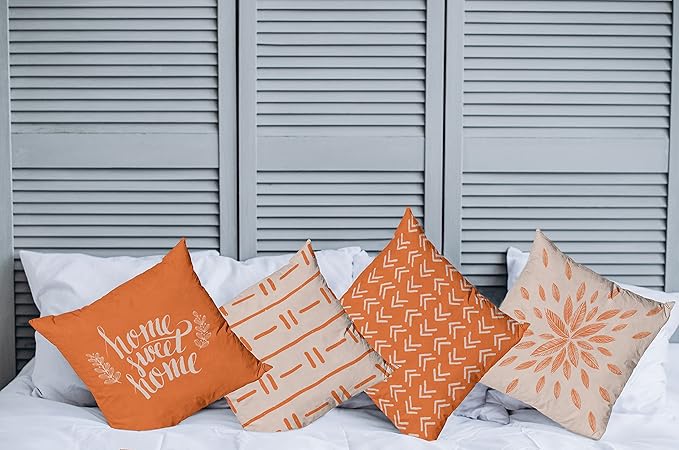 Ambesonne Modern Throw Pillow Cushion Case Pack of 4, Scandinavian Minimal Ornaments Boho Feather Leaves and Home Phrase, Modern Accent Double-Sided Digital Printing, 20", Pale Tan and Burnt Orange