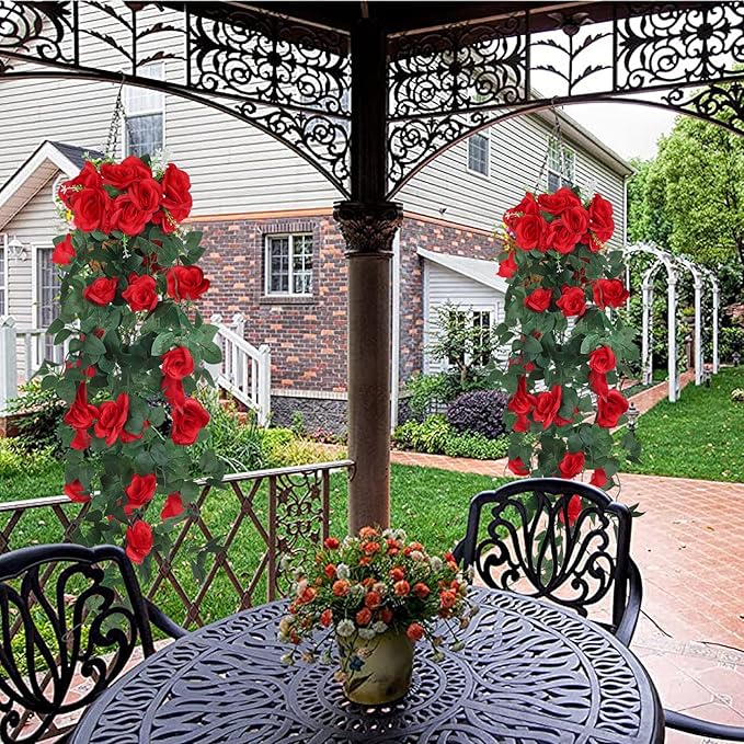 RECUTMS Hanging Flowers Artificial Plants 2PCS 3.3Ft Rose Vine Flower for Home Room Garden Wedding Indoor Outdoor Decoration (Red)