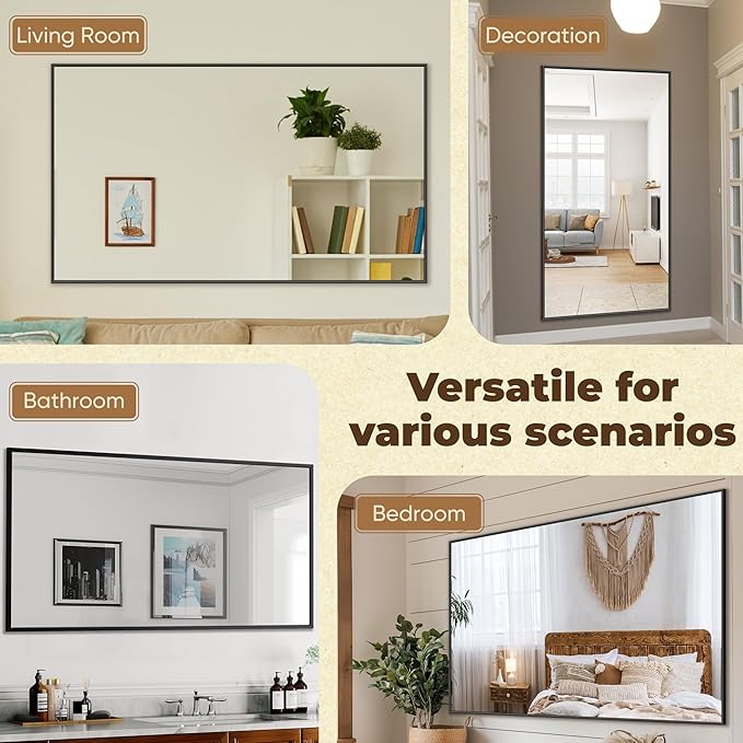 Antok Bathroom Mirror, 60"x36" Wall Mirror, Decorative Mirrors Vanity Mirror Aluminum Alloy Frame Contemporary Rectangular Hanging Mirror for Living Room Bathroom Entryway,Black,Rect Corner