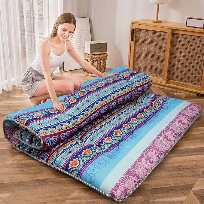 MAXYOYO Bohemian Vintage Floral Japanese Futon Mattress - Roll Up Tatami Floor Mat, Foldable Bed, Portable Camping Mattress, Sleeping Pad, Floor Lounger, Couch Bed - Queen Size