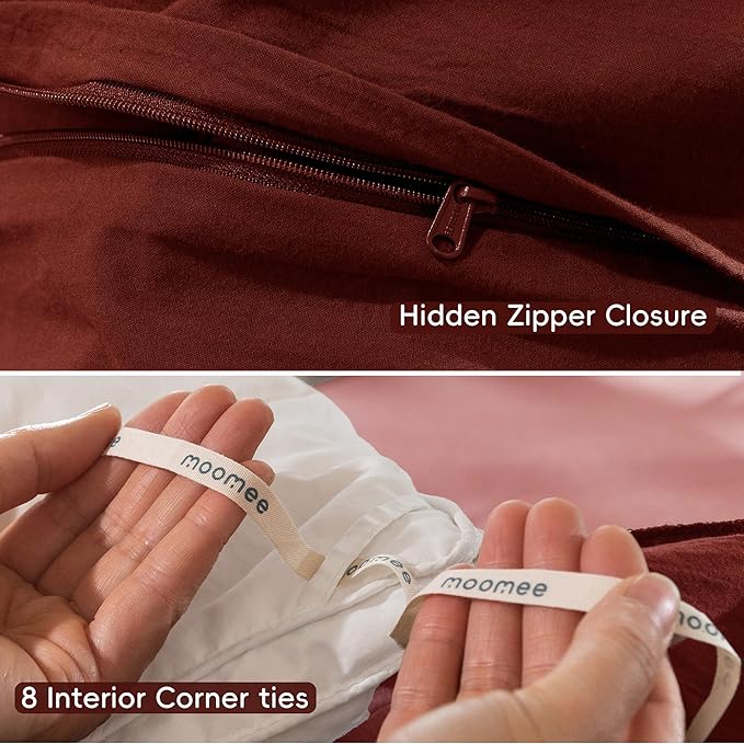 MooMee Bedding Duvet Cover Set 100% Washed Cotton Linen Like Textured Breathable Durable Soft Comfy (Solid Fired Brick Red, Full 80"x90")