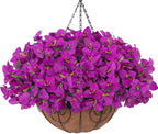 Artificial Fake Hanging Flowers Plants Basket for Outdoors Decoration, Faux Silk Bougainvillea Flowers in Planter Look Real UV Resistant Faux Flower for Outside Porch Patio Garden Home Decor, Purple