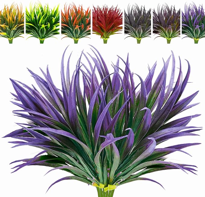 8 Pcs Outdoor Fake Plants UV Resistant Artificial Tall Grass Plants Faux Tropical Flowers Bushes Décor Fall Winter Summer Planters Patio Front Door Porch Plastic Greenery & Shrubs Decoration