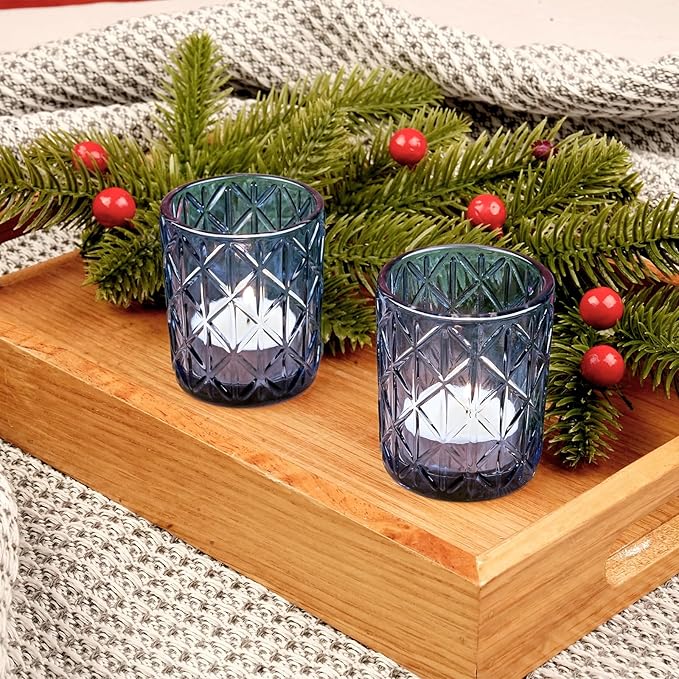 24pcs Blue Votive Candle Holders, Glass Votives Candle Holder in Bulk for Table Centerpieces, Tea Lights Candle Holder for Wedding Party Holiday Decor (Blue,24)