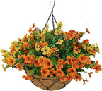 Artificial Faux Hanging Plants Flowers Basket for Summer Autumn, Colorful Daisy Flowers Eucalyptus UV Resistant Look Real for Outdoor Outside Porch Decoration