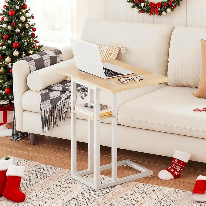 HOOBRO Foldable End Table, C Shaped Side Table with Storage Shelf, Small Snack Table Suitable for Living Room Bedroom Small Spaces, Easy Assembly, White and Natural WN29SF01