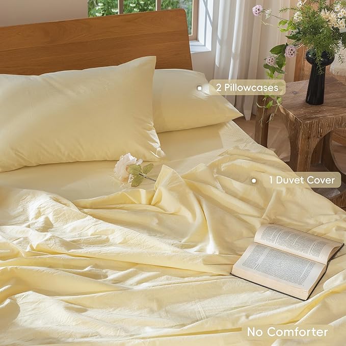 MooMee Bedding Duvet Cover Set 100% Washed Cotton Linen Like Textured Breathable Durable Soft Comfy (Heathered Butter Yellow, Cal King 104"x98")