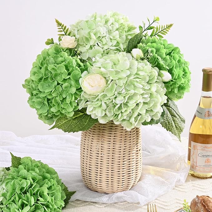 4 Pcs Real Touch Hydrangea Artificial Flowers, 21" Light Green & Dark Green Full Faux Hydrangea Flowers Latex Fake Flowers for Home Decor Party Floral Arrangements Wedding Bouquets Outdoor Decor