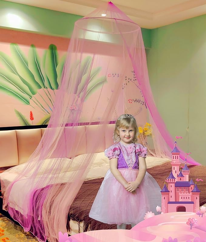 Eimilaly Two-Tone Bed Canopy Mosquito Net Pink Purple with 250pcs Warm White Lights, Bed Canopy for Girls Room Decor, Single Door