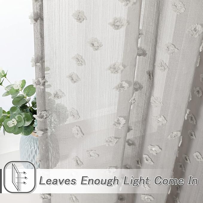 MYSKY HOME Pom Pom Grey Sheer Curtains for Bedroom Girls Room Curtains 108 Inches Long for Nursery Kids Light Filtering Boho Window Drapes, Rod Pocket, 38" Wide, 2 Panels