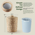 4 Gallons Wicker Waste Basket - Water Hyacinth Bathroom Garbage Can with a Lid - Bathroom Trash Can Boho Style - Wicker Trash Can with Lid for Household, Kitchen - Removable Liner, Iron Frame