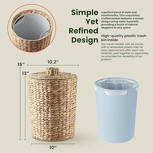 4 Gallons Wicker Waste Basket - Water Hyacinth Bathroom Garbage Can with a Lid - Bathroom Trash Can Boho Style - Wicker Trash Can with Lid for Household, Kitchen - Removable Liner, Iron Frame
