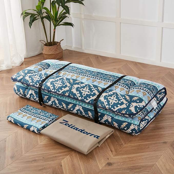 Japanese Floor Mattress, Futon Mattress with Storage Bag and Washable Cover, Roll Up Tatami Mat Suitable for Guest Room (Blue Striped Jacquard, Queen)