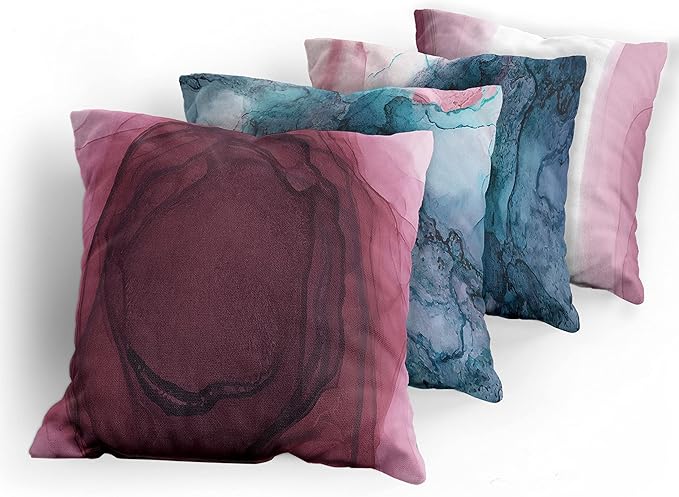 Ambesonne Marble Print Throw Pillow Cushion Case Pack of 4, Watercolor Effect Brushstrokes Stains and Hues Modern Bicolour, Modern Accent Double-Sided Digital Printing, 18", Petrol Blue and Dried Rose