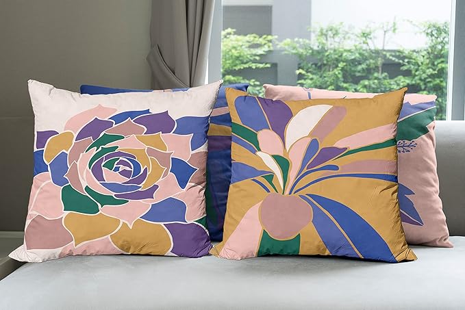 Ambesonne Floral Throw Pillow Cushion Case Pack of 4, Abstract Flowers and Petals with Exotic Vibes Colorful Modern Style, Modern Accent Double-Sided Digital Printing, 18", Rose Dark Violet Mustard