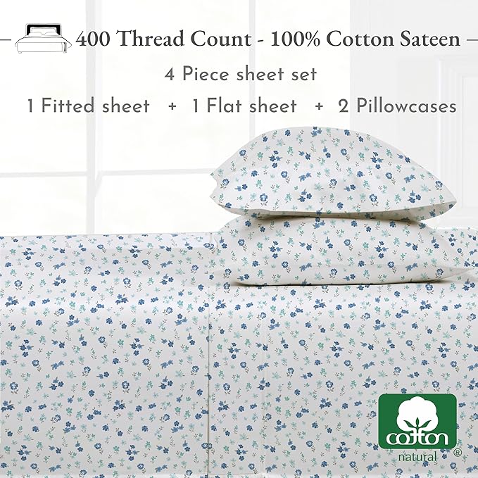 California Design Den Floral Pattern King Size Sheets Set - Luxury 400 Thread Count Sateen, Natural 100% Cotton Sheets, Deep Pockets, Cooling and Durable Bedding Set - Blooming Meadows