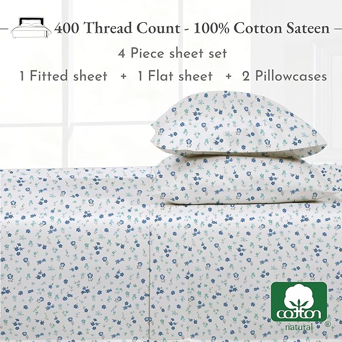 California Design Den Floral Printed Queen Sheet Set - Luxury 400 Thread Count Sateen, Natural 100% Cotton Sheets, Deep Pockets, Cooling and Durable Bedding Set - Blooming Meadows