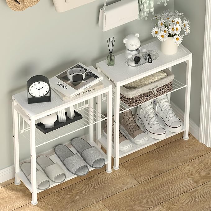 End Table Set of 2 for Small Space, 3-Tier Narrow Side Table with Magazine Holder,Small Nightstand, Skinny Snack Couch Table in Living Room, Bedroom Study and Balcony (White)