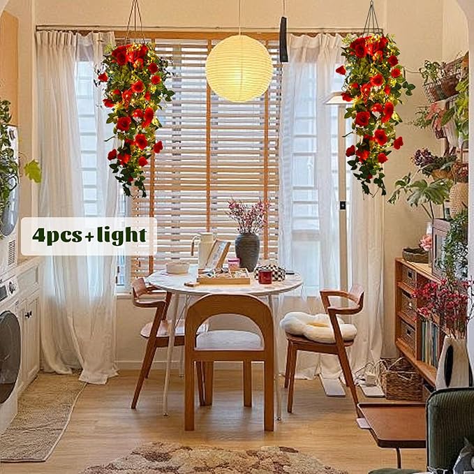 RECUTMS Hanging Rose Flowers Artificial Vine PlantsFlower Garland for Home Room Garden Wedding Indoor Outdoor Decoration (Red)