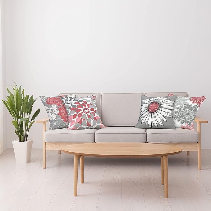 Ambesonne Floral Throw Pillow Cushion Case Pack of 4, Flower Petals Modern Color Palette Chamomile Peony Dahlia and Sunflower Print, Modern Accent Double-Sided Digital Printing, 16", Dark Coral Grey