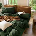 MooMee Bedding Duvet Cover Set 100% Washed Cotton Linen Like Textured Breathable Durable Soft Comfy (Solid Forest Green, Oversized King Plus 128"x120")