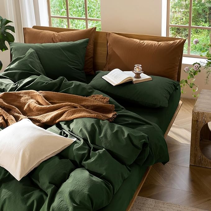 MooMee Bedding Duvet Cover Set 100% Washed Cotton Linen Like Textured Breathable Durable Soft Comfy (Solid Forest Green, Super Queen 90"x98")