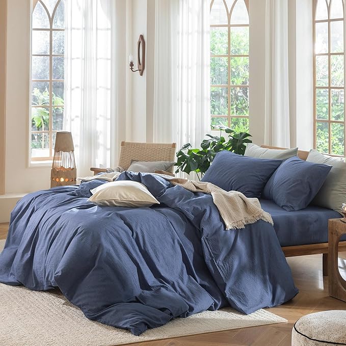 MooMee Bedding Duvet Cover Set 100% Washed Cotton Linen Like Textured Breathable Durable Soft Comfy (Heathered Blue, Cal King 104"x98")
