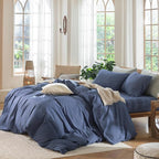 MooMee Bedding Duvet Cover Set 100% Washed Cotton Linen Like Textured Breathable Durable Soft Comfy (Heathered Blue, King 104"x90")
