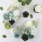 AmyHomie Forest Sage Green White Artificial Flowers Combo Silk Rose Fake Flowers w/Stem for DIY Wedding Bouquets Centerpieces Arrangements Table Fall Decor Party Bridal Baby Shower Home Decorations