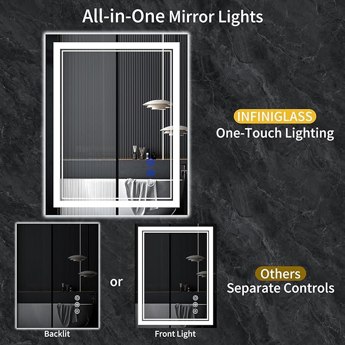 32"x24" LED Bathroom Mirror with Anti-Fog, Stepless Dimmable Lights, 3 Color Modes, Shatter-Proof Tempered Glass, Memory Function & Waterproof Design
