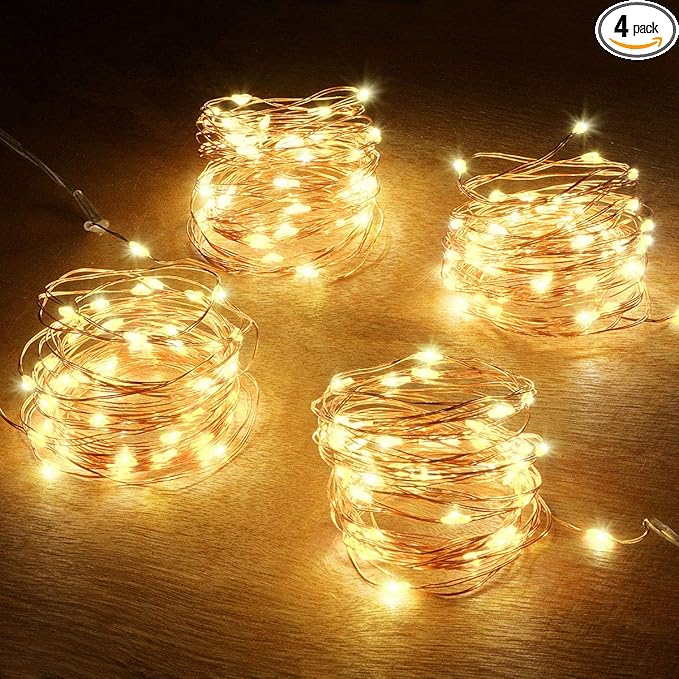 4 Pack 50 LED Warm White Battery-Powered Mini Christmas Fairy Lights, 16.4 FT Flexible Copper Wire, Indoor/Outdoor, LED, Battery Operated