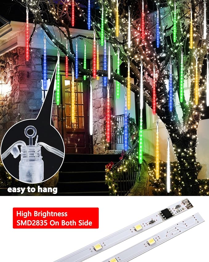 Joomer Christmas Lights Outdoor, 11.8 inch 10 Tubes 240 LED Meteor Shower Lights, LED Snow Falling Icicle Cascading Light with Timer Waterproof and Connectable for Christmas Decoration (Multicolor)