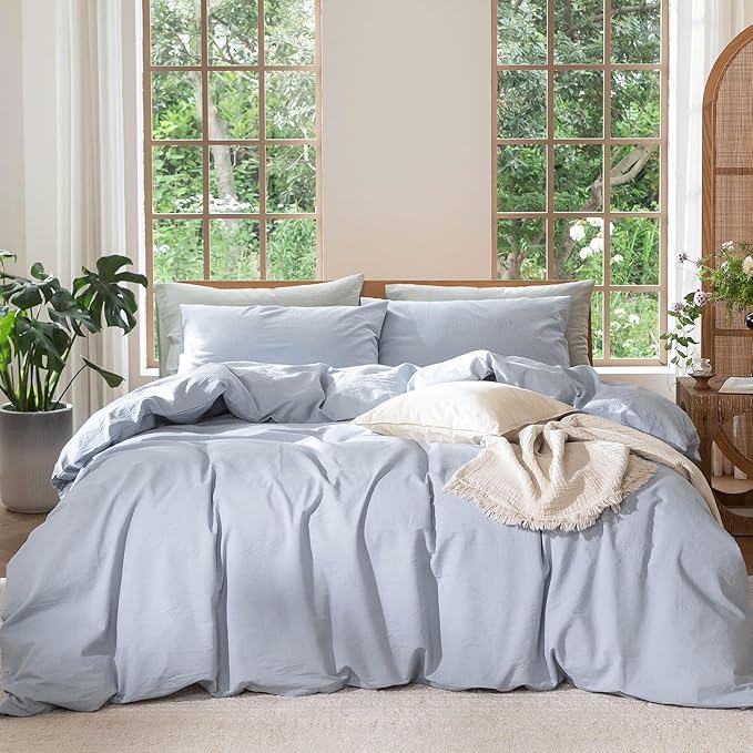 MooMee Bedding Duvet Cover Set 100% Washed Cotton Linen Like Textured Breathable Durable Soft Comfy (Heathered Cornflower Blue, Oversized Queen 98"x98")