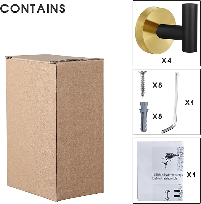 4 Pack Robe Towel Hooks Coat Black Gold Wall Hook Stainless Steel Heavy Duty Door Hanger Towel Robe Clothes Cabinet Closet Sponges Hook for Bathroom Bedroom Kitchen Hotel Pool