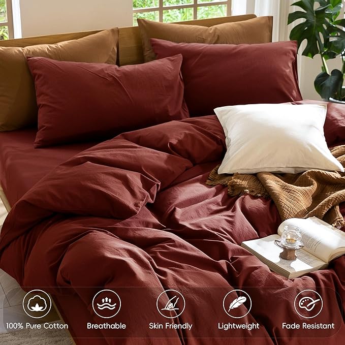 MooMee Bedding Duvet Cover Set 100% Washed Cotton Linen Like Textured Breathable Durable Soft Comfy (Solid Fired Brick Red, Oversized Queen 98"x98")
