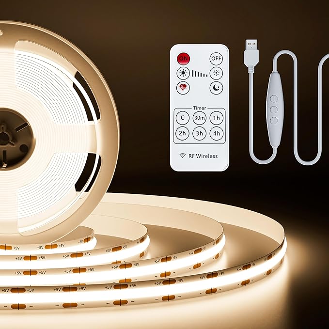 PAUTIX 5V USB COB LED Strip Light 6.56ft/2m 640LEDs Dimmable 4000K Natural White CRI90+ with RF Remote,1200lm,Flexible Tape Light for Under Cabinet,Bedroom,TV Backlight,Kitchen,Home DIY Lighting