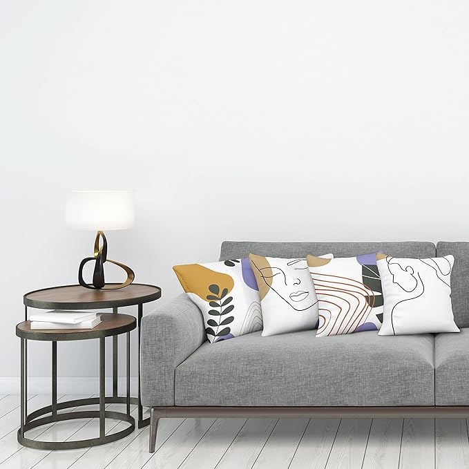 Ambesonne Minimal Throw Pillow Cushion Case Pack of 4, Modern Line Art Woman Portrait with Contemporary Leafy Geometric Details, Modern Accent Double-Sided Digital Printing, 16", Tan Amber Lavender