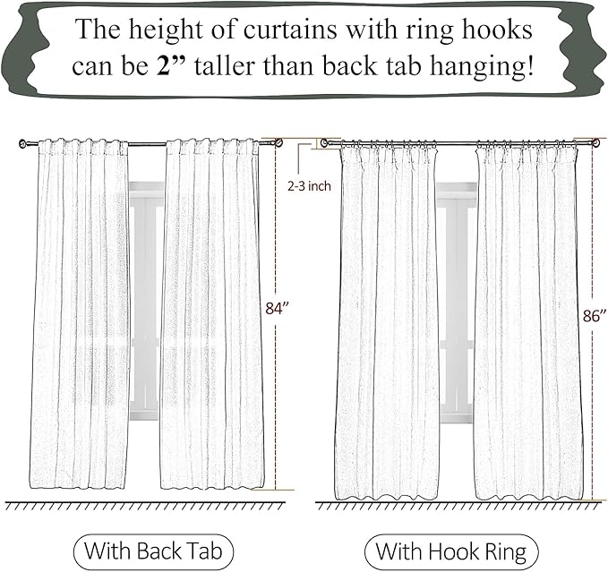 White Sheer Linen Pinch Pleated Sliding Door Curtains, 2x50 Inches Width, Cotton Look Light Filtering Drapes 84 Inches Long, Soft Textured Modern Farmhouse Window Curtain Panels