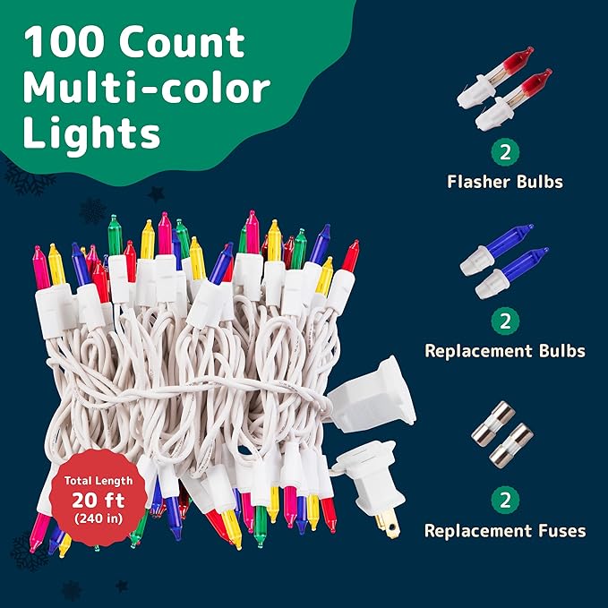 PREXTEX Multicolor String Lights (20 Feet, 100 Count) with White Cord - Indoor and Outdoor Colorful Twinkle Lights for Holiday Decor