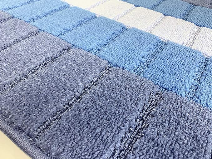 Custom Size Coastal Nautical Style Runner Rug Carpet for Hallway Entryway, Slip Resistant Latex Rubber Backed, 31 inch Wide X Customized Length, Squares Blue, 31 inch X 19 feet