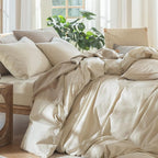 MooMee Bedding Duvet Cover Set 100% Washed Cotton Linen Like Textured Breathable Durable Soft Comfy (Heathered Almond Milk Grey, Super King 108"x98")