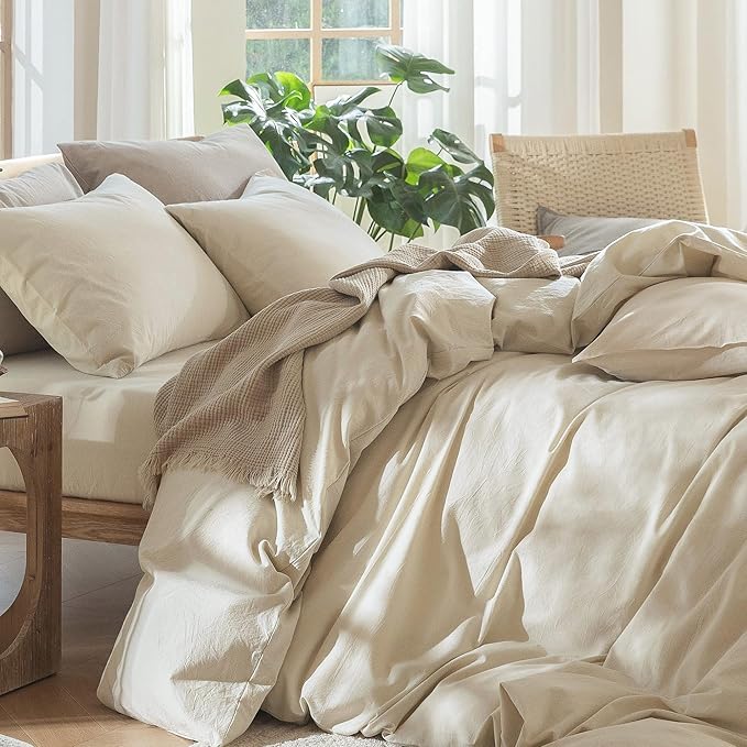 MooMee Bedding Duvet Cover Set 100% Washed Cotton Linen Like Textured Breathable Durable Soft Comfy (Heathered Almond Milk Grey, Twin 68"x90")