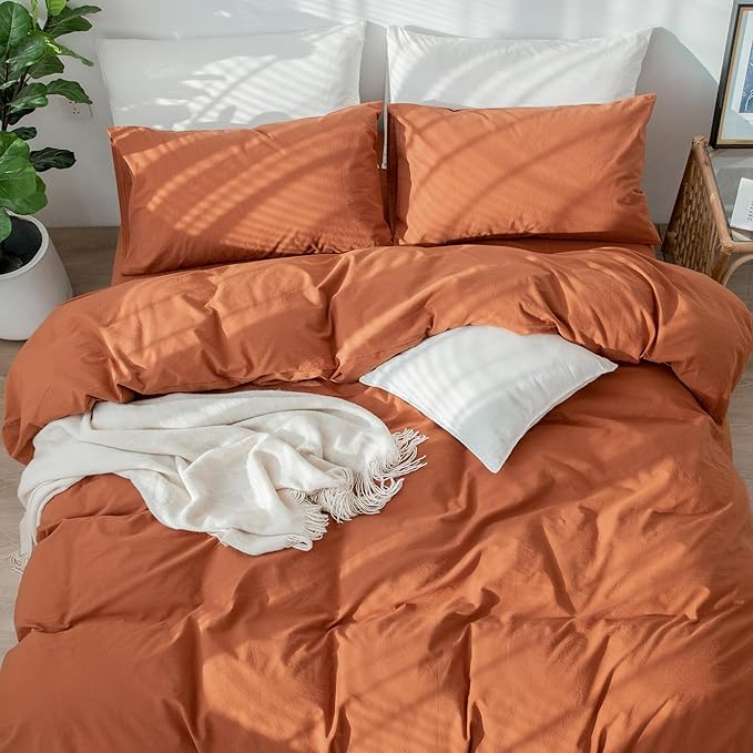 MooMee Bedding Duvet Cover Set 100% Washed Cotton Linen Like Textured Breathable Durable Soft Comfy (Solid Rust Brown, Full 80"x90")
